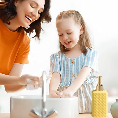 Bathroom Accessories Set Ceramic Soap Dispenser Toothbrush Holder Bathroom Tumbler Soap Dish Bathroom Decor Vibrant Modern Bathroom Set (Yellow 4-Piece Suit) | Includes Soap Dispenser, Toothbrush Holder, Tumbler and Soap Dish, Vibrant Modern Design, for K