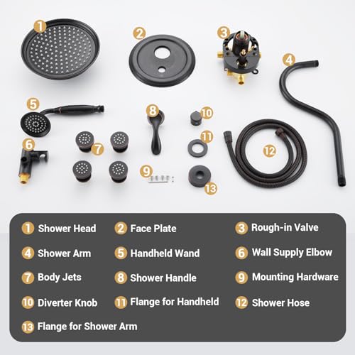 DASAN Antique Shower Faucet Set Complete Rain Shower System in Wall with Body Shower Spray Jets, Oil Rubbed Bronze Shower Fixtures with Rainfall Overhead Shower, Handheld, Valve & Trim Kit, AT249W-ORB - color: Oil Rubbed Bronze