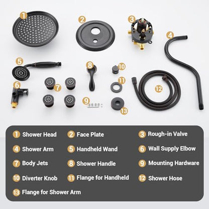 DASAN Antique Shower Faucet Set Complete Rain Shower System in Wall with Body Shower Spray Jets, Oil Rubbed Bronze Shower Fixtures with Rainfall Overhead Shower, Handheld, Valve & Trim Kit, AT249W-ORB - color: Oil Rubbed Bronze