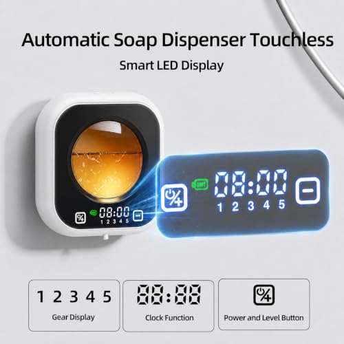 Automatic Soap Dispenser Touchless, Wall Mount, Rechargeable, Mood Lighting | 5 Adjustable Foam Levels, IPX5 Waterproof, LED Clock, 320ML, Hand & Dish Soap for Bathroom Kitchen, White - color: Foam White