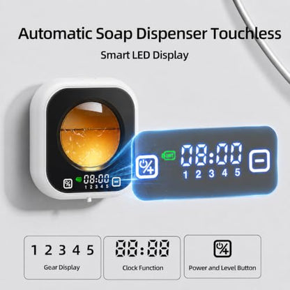 Automatic Soap Dispenser Touchless, Wall Mount, Rechargeable, Mood Lighting | 5 Adjustable Foam Levels, IPX5 Waterproof, LED Clock, 320ML, Hand & Dish Soap for Bathroom Kitchen, White - color: Foam White