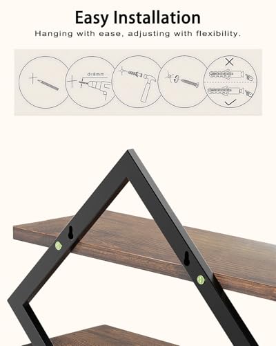 Floating Shelves for Wall, Set of 2 Wall Shelves, 2-Tier Hanging Shelve | Wood & Metal Wall Mounted Display Shelves, Decorative Wall Shelves for Living Room, Bedroom, Kitchen & Bathroom, Rustic Brown - size: 2-Pack