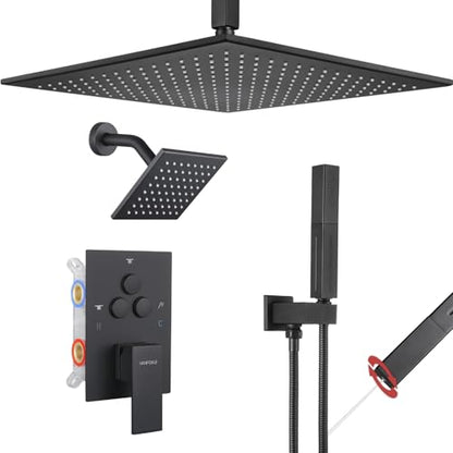 VANFOXLE Shower System, Matte Black Shower Faucet Set, Push Button Diverter | 16 Inch Ceiling Mount Rain Head, 6 Inch Wall Mount Head, 2-in-1 Handheld Sprayer, Solid Brass Valve, Rust Resistant - color: Matte Black, style: 16"+6" Head