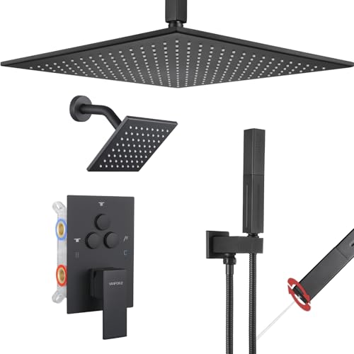 VANFOXLE Shower System, Matte Black Shower Faucet Set, Push Button Diverter | 16 Inch Ceiling Mount Rain Head, 6 Inch Wall Mount Head, 2-in-1 Handheld Sprayer, Solid Brass Valve, Rust Resistant - color: Matte Black, style: 16"+6" Head