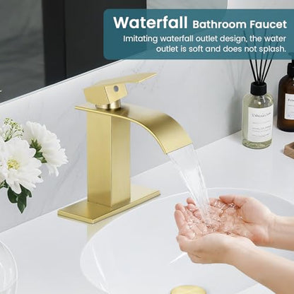 Bathroom Faucets Gold Waterfall Single Handle Bathroom Sink Faucet | with Pop-up Drain & Deck,Supply Hoses,Brushed Gold Single Handle Vanity Faucet,Stainless Steel,1 or 3 Hole,RV,Fits Home - color: A-Brushed Gold, style: Short