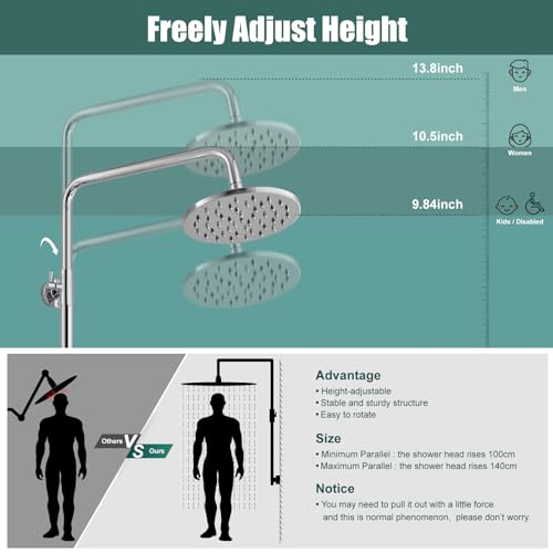 Heyalan Dual Shower System, 8 Inch Rain Head, Handheld, Polished Chrome | Dual shower system with 8 inch rain head, handheld sprayer, exposed pipe design, two-handle control, and brass body. - color: Polished Chrome