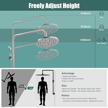 Heyalan Dual Shower System, 8 Inch Rain Head, Handheld, Polished Chrome | Dual shower system with 8 inch rain head, handheld sprayer, exposed pipe design, two-handle control, and brass body. - color: Polished Chrome
