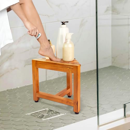 VaeFae Teak Wood Corner Shower Stool for Shaving Foot Rest, Small | Sturdy Design, Triangle Space-Saving Frame, Non-Slip Feet, Easy To Clean