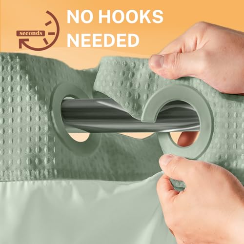 River Dream No Hooks Shower Curtain with 2 Snap in Liner, Green, 71Wx74H | Waffle Weave, 1 Attached Snap in Liner and 1 Extra Replacement Liner, Bathroom Curtains Shower Set, Hotel Grade, Spa Like - color: Green