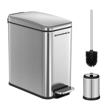 SONGMICS Bathroom Trash Can and Toilet Brush Set, 1.3 Gallon Small Trash Bin with Lid, Slim for Small Spaces, Stainless Steel Garbage Can, Soft Close, Silver ULTB560E0501 - color: Silver, style: 1.3 Gal. with Toilet Brush Set