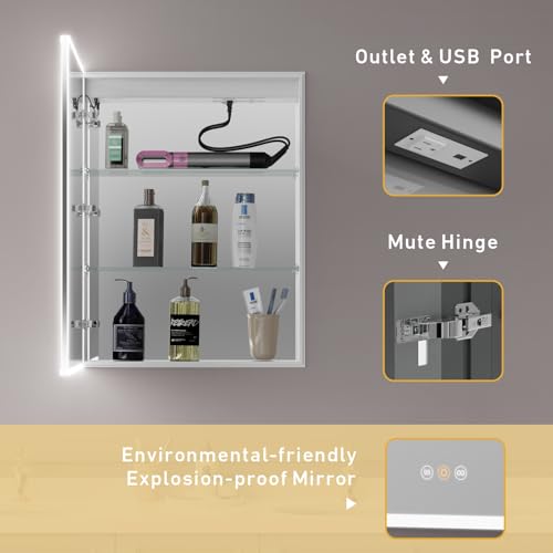 Recessed Medicine Cabinet with Mirror 20"x26" Medicine Cabinet Mirror | Lighted Medicine Cabinet, Bathroom Medicine Cabinet with Mirror, Adjustable Shelves, Defogger, Outlets, USB, Dimmable - size: 20"x26"