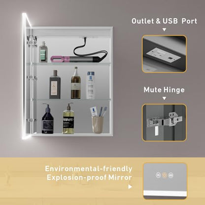 Recessed Medicine Cabinet with Mirror 20"x26" Medicine Cabinet Mirror | Lighted Medicine Cabinet, Bathroom Medicine Cabinet with Mirror, Adjustable Shelves, Defogger, Outlets, USB, Dimmable - size: 20"x26"
