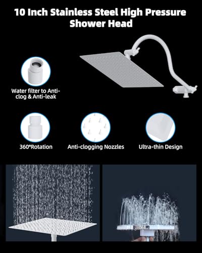 Hibbent All Metal High Pressure Rainfall 10'' Shower Head, Handheld Showerhead Combo, 12'' Adjustable Shower Extension Arm, 7-Spray, 71'' Hose, Adhesive Showerhead Holder, White - color: White, style: Square 10''