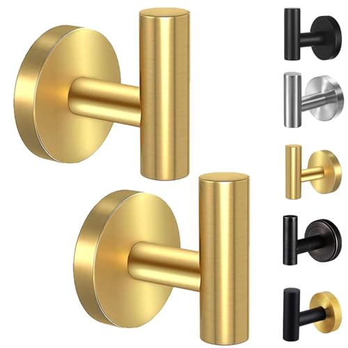2 Pack Towel Hooks for Bathroom, Wall Mount Towel Holder, Wall Robe Stainless Steel Heavy Duty Door Hanger for Kitchen, Bedroom,Hotel,Pool,Coats, Golden - color: Gold