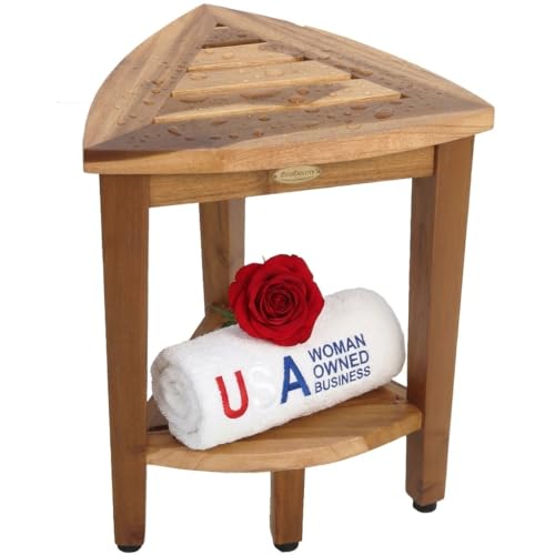 EcoDecors Snazzy Corner Waterproof Teak Wood Shower Bench Stool Seat Chair For Inside Shower Provides Safety, Storage, and Organization For Bathroom Accessories | Corner teak shower bench features a space-saving design with a 2-tier shelf for bath essenti