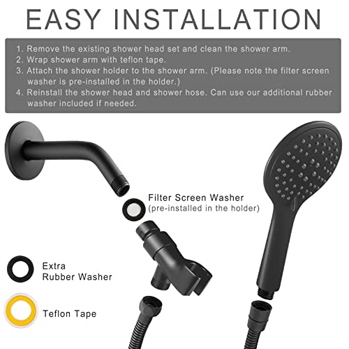 All Metal Shower Head Holder Bracket, Solid Brass Shower Arm Holder for Handheld Shower Head, Adjustable Shower Arm Mount with Brass Swivel Ball, Matte Black