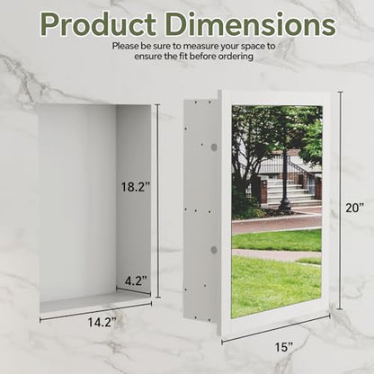 14'' * 18'' Recessed Medicine Cabinet with Mirror, 2-Tier Bathroom Wall Niche Wood Insert for Drywall, in Wall Shelf Medicine Cabinets Replacement, for Living Room, Bathroom Storage, White