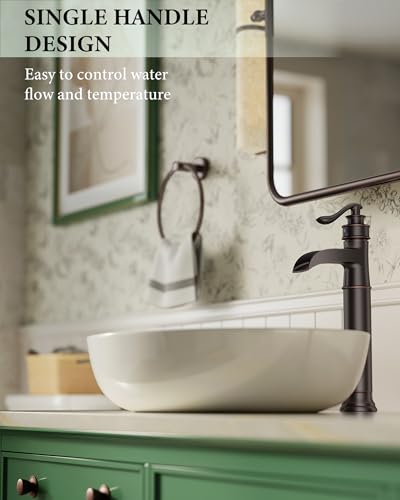 Waterfall Vessel Sink Faucet Brass Single Handle 1 Hole | Bathroom Sink Faucet with Pop Up Drain Without Overflow Oil Rubbed Bronze Tall Bathroom Faucets Homevacious - color: Oil Rubbed Bronze