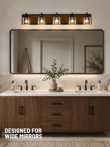 5-Light Bathroom Vanity Lights Large 40" with Bubble Glass Shades | Farmhouse Rustic style, Hand-Painted Brown Wood-Grain Metal Backplate, E26 Ceramic Socket, UL&ETL, mount up/down, over mirror - color: Brown, size: 5-Light