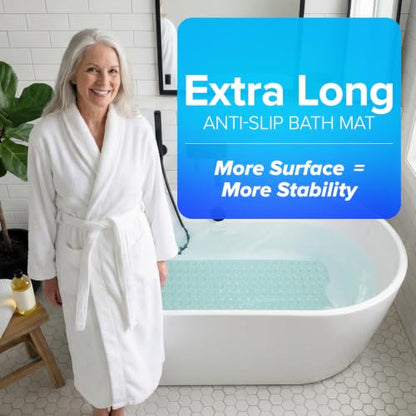 SlipX Solutions 39x16 Extra Long Non Slip Bath Mat, Tub & Shower, Lt Green | Anti Slip Mat for Elderly & Kids Bathroom, 30% More Coverage, 200 Suction Cups, Hundreds of Drain Holes - color: Translucent Light Green