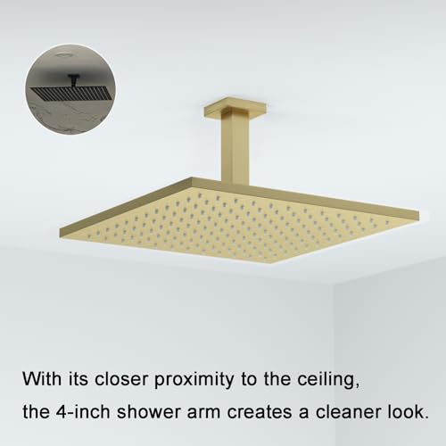 Brushed Gold Shower Arm with Flange, 4 inch, Short | Universal Replacement Part for Ceiling-Mounted Square Straight Shower Head Extension Arm Pipe, Stainless Steel - color: Brushed Gold