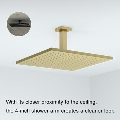 Brushed Gold Shower Arm with Flange, 4 inch, Short | Universal Replacement Part for Ceiling-Mounted Square Straight Shower Head Extension Arm Pipe, Stainless Steel - color: Brushed Gold