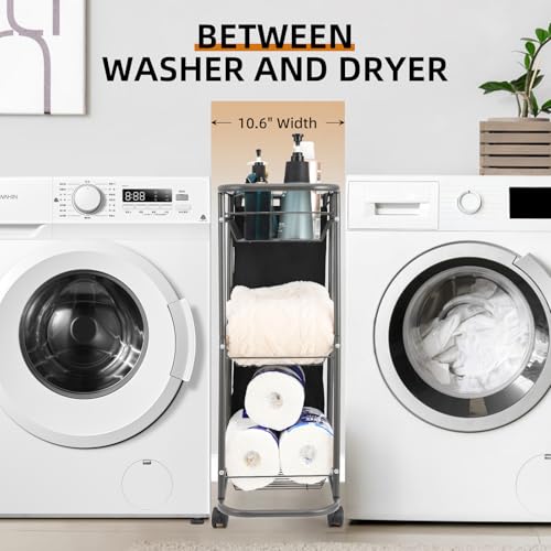 3-Tier Rolling Laundry Cart with Wheels and 45L Bag, Black | Between Washer and Dryer, Heavy Duty, For Narrow Space Laundry Room Bathroom Bedroom - color: Black