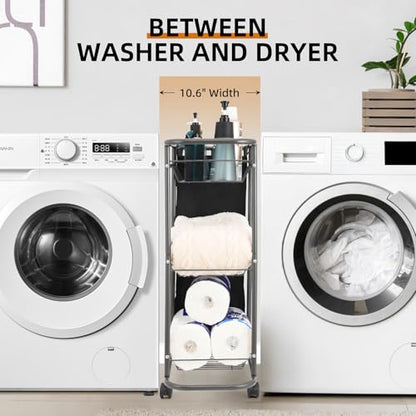 3-Tier Rolling Laundry Cart with Wheels and 45L Bag, Black | Between Washer and Dryer, Heavy Duty, For Narrow Space Laundry Room Bathroom Bedroom - color: Black