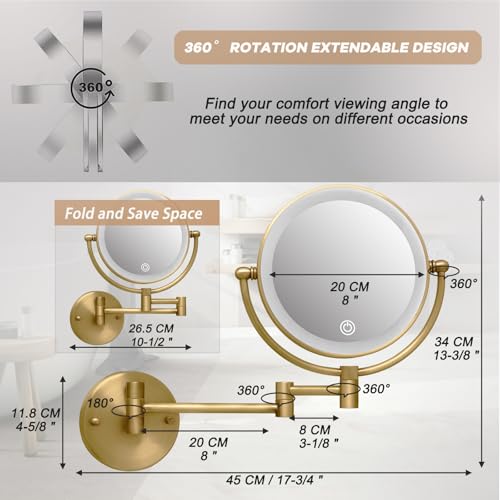 8" Lighted Make up Mirror Wall Mounted 10X Magnifying Hardwired | Double Side 3 Color Lighting Touch Dimming, Bathroom 360 Swivel Extended Arm Light up Vanity Shaving, Brushed Antique Brass - color: Antique Brass