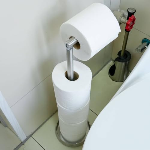 Toilet Paper Holder Stand with Storage Weighted (SUS304 Stainless Steel) | freestanding tp holder | silicone non-slip base | large storage capacity | tidy organized bathroom | 2mm thickened steel - color: 304 Brushed Silvery