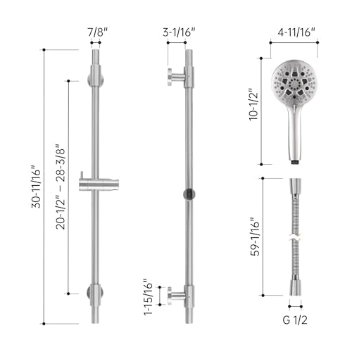KES 30-Inch Shower Slide Bar with High Pressure 9 Functions Adjustable Handheld Shower Head & 59-Inch Hose, Built-in Power Wash to Clean Tub Tile & Pet, Wall Mount Brushed Finish 18/8 Stainless Steel - color: Brushed Nickel