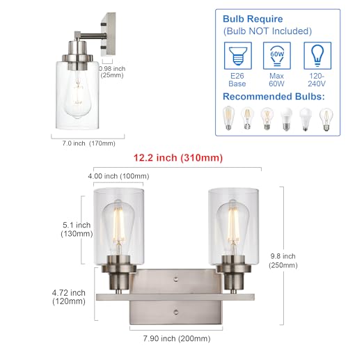 MELUCEE 2 Heads Bathroom Light Fixtures Brushed Nickel | Metal Wall Lights with Clear Glass Shade Modern Vanity Lights Sconces for Hallway Bedroom Kitchen (Patent No.: US D963914 S) - color: Brushed Nickel, size: 2-Light