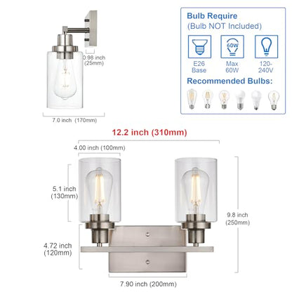 MELUCEE 2 Heads Bathroom Light Fixtures Brushed Nickel | Metal Wall Lights with Clear Glass Shade Modern Vanity Lights Sconces for Hallway Bedroom Kitchen (Patent No.: US D963914 S) - color: Brushed Nickel, size: 2-Light