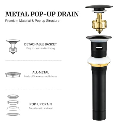 Pop up Sink Drain Stopper for Bathroom Vessel Vanity Sink Art Basin Matte Black ，Big Cap with Overflow, Metal Pop-up Drain Strainer with Detachable Basket Stopper - color: Matte Black, style: with overflow