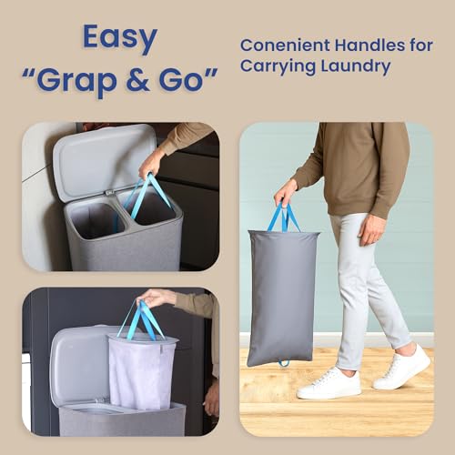 Dual Section 90L Laundry Basket with Wheels and Lid – Tall divided Double Laundry Hamper with 2 Removable Washable Bags, Large Laundry Sorter for Easy Clothes Separation