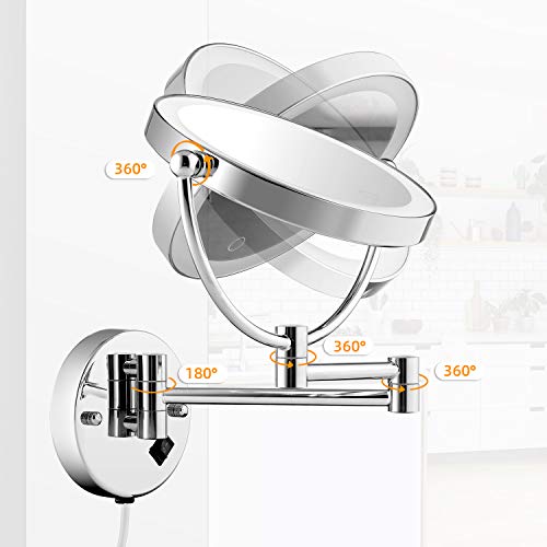 8" Wall Mounted Lighted Makeup Mirror, Double-Sided 1X/5X Magnifying Vanity Mirror with 3 Color LED Lights, Stepless Dimming Touch Control, 360° Swivel & Extendable Arm, Plug-in Powered, Chrome