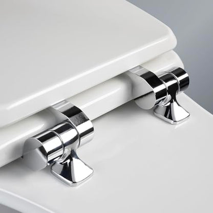 Mayfair Bennett Toilet Seat with Chrome Hinges, Slow Close Wood Seat, Secure Metal Hinges, Easy Install, Made in USA, Elongated, White - color: Chrome, size: Elongated