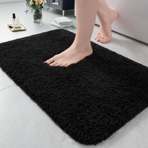LOCHAS Bathroom Rugs 24x17 Inch, Microfiber Bath Rug Non Slip, Black | Soft Thick Absorbent Washable, Shaggy Plush Bath Mat for for Tub, Shower Floor, Quick Dry - color: Black, size: 24x17 inch (Rectangular)