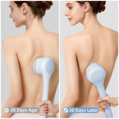 Electric Body Brush, Back Scrubber for Shower with Long Dual Handle, Waterproof Power Shower Brush with 3 Interchangeable Heads & 2 Speeds for Cleansing, Exfoliating and Massage, Sky Blue - color: Sky Blue