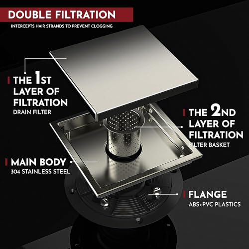 6 Inch Square Shower Drain Nickel Floor Drain with Flange Reversible 2-in-1 Cover Tile Insert Grate Removable SUS304 Stainless Steel CUPC Certified Brushed Nickel - color: Brushed Nickel, size: 6 Inch