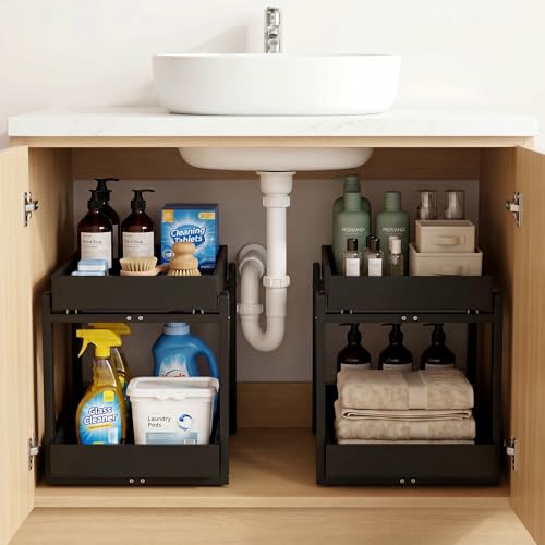Bamboo Under Sink Storage 2 Tier Pull Out Cabinet Organizer Slide Out Under Sink Storage Shelf Undersink Organizers Shelves for Kitchen Bathroom Organization (Black, 2 Pack) - color: Black, size: 2 Pack
