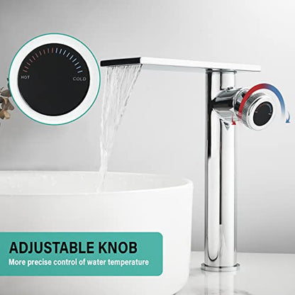 becola Modern Chrome Bathroom Faucet，Tall Waterfall Faucet for Bathroom Sink，Single Hole Cold and Hot Basin Mixer Tap，Single Handle Vanity Faucet with Adjust Knobs and Two Supply Lines - color: Chrome, size: Tall