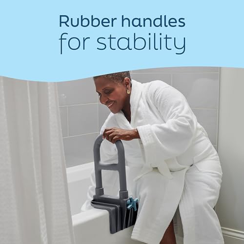 Medline Clamp-On Bathtub Grab Bar, Fits Tub Walls 2.75–6.25 in Wide | 250 lb Capacity, Tool-Free Installation, Rubber-Padded Grip, Built-In Microban Protection, Dark Gray - color: Gray