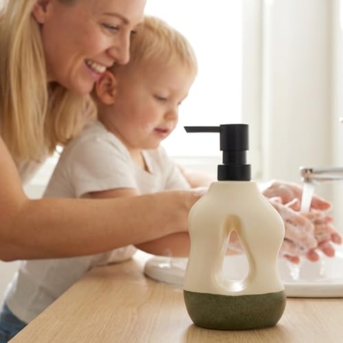 BosilunLife Ceramic Soap Dispenser - Soap Pump Dispenser Bathroom Kitchen Modern Farmhouse Elegant Refillable Soap Dispenser Lotion Hand Pump Dispenser for Kitchen Sink (Beige with Sage Base, 15oz) - color: Beige With Sage Base