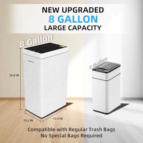 8 Gallon Touchless Kitchen Trash Can with Motion Sensor Lid, Smart Stainless Steel Garbage Can with Air-Press Bag Expander for Home, Office & RV - size: 8 Gallon-Standard