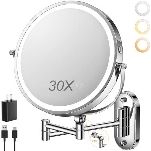 ZLOKLA 9" Wall Mounted Lighted Makeup Mirror,4000mAh Rechargeable Double Sided 1X/30X Magnifying Mirror with Light,Touch Dimmable,Extended Arm 360 Rotation Wall Mounted Makeup Mirror 3 Color Lights-C - color: 30x-chrome