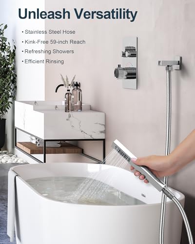 Shower Faucet Set with Handheld Spray, Polished Chrome | 12" Ceiling Mount SUS304 Rainfall Shower Head System, 6" Side Head, 3-Function Thermostatic Valve Trim Kit, All Metal - color: Chrome