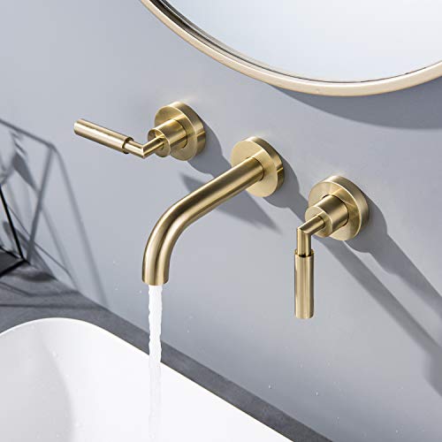 RBROHANT Brushed Gold Wall Mount Bathroom Faucet, Wall Mounted Sink Faucet, Dual Handle, Solid Brass, Rough-in Valve Included - color: Brushed Gold, style: Lever Handle