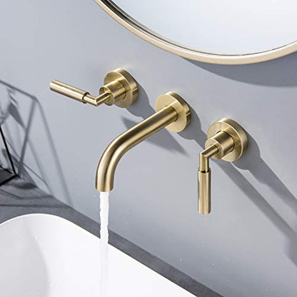 RBROHANT Brushed Gold Wall Mount Bathroom Faucet, Wall Mounted Sink Faucet, Dual Handle, Solid Brass, Rough-in Valve Included - color: Brushed Gold, style: Lever Handle