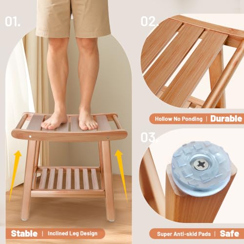 Bamboo Shower Stool Bench,Shower Chair for Inside Shower with Storage Shelf | Natural Bamboo,Large Storage,Ergonomic Curved Design,A-Shaped Stable Construction,Non-Slip Rubber Feet,Hold 300lbs - color: Natural Bamboo